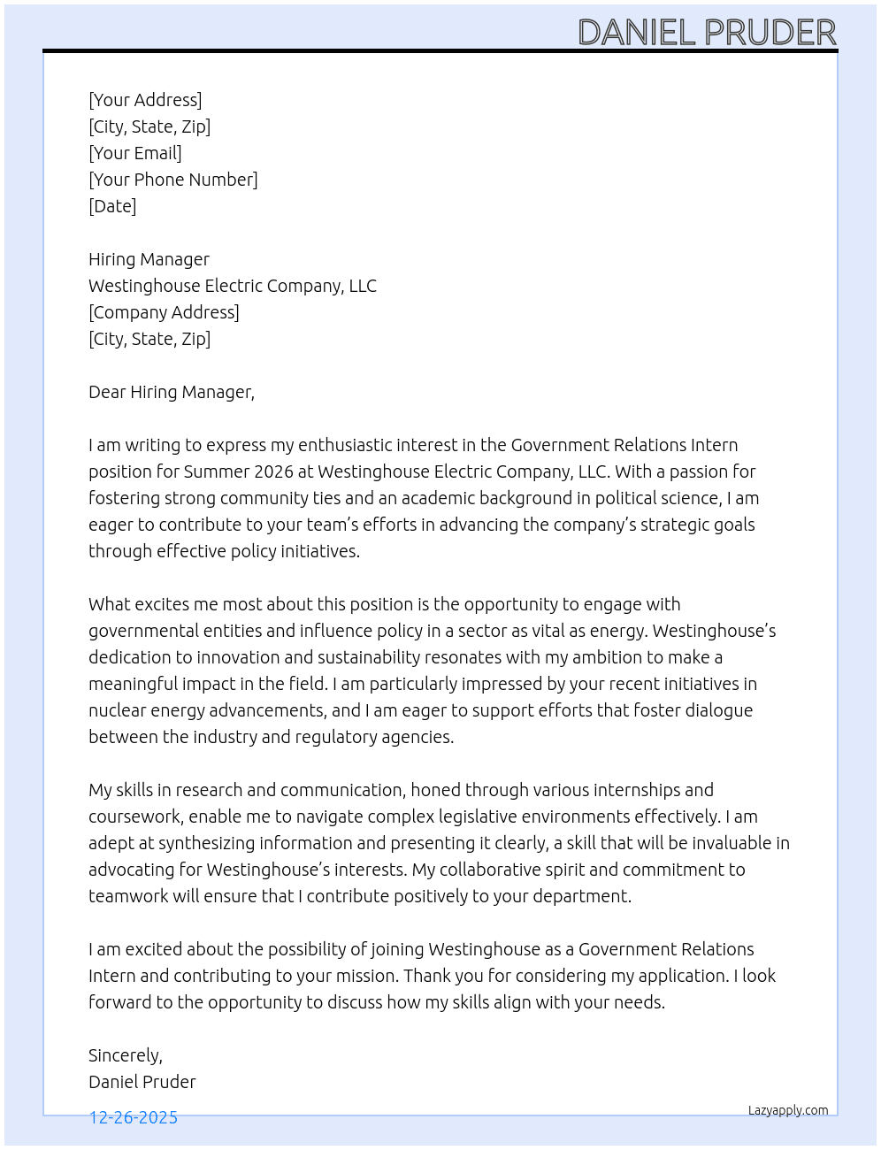 Government Relations Intern Summer 2026 At Westinghouse Electric Company, LLC Cover Letter