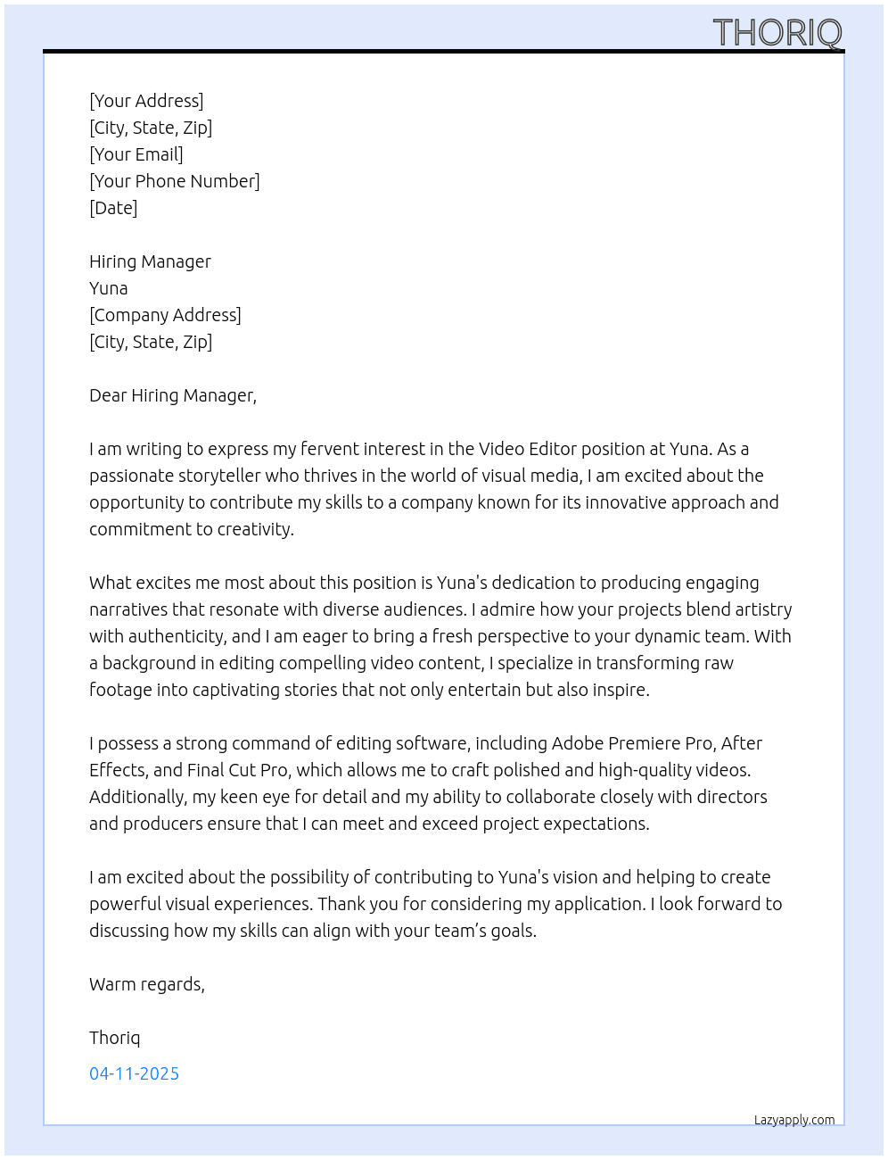 Video Editor At Yuna Cover Letter