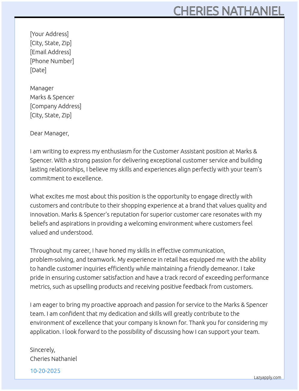 Customer Assistant At Marks & Spencer Cover Letter