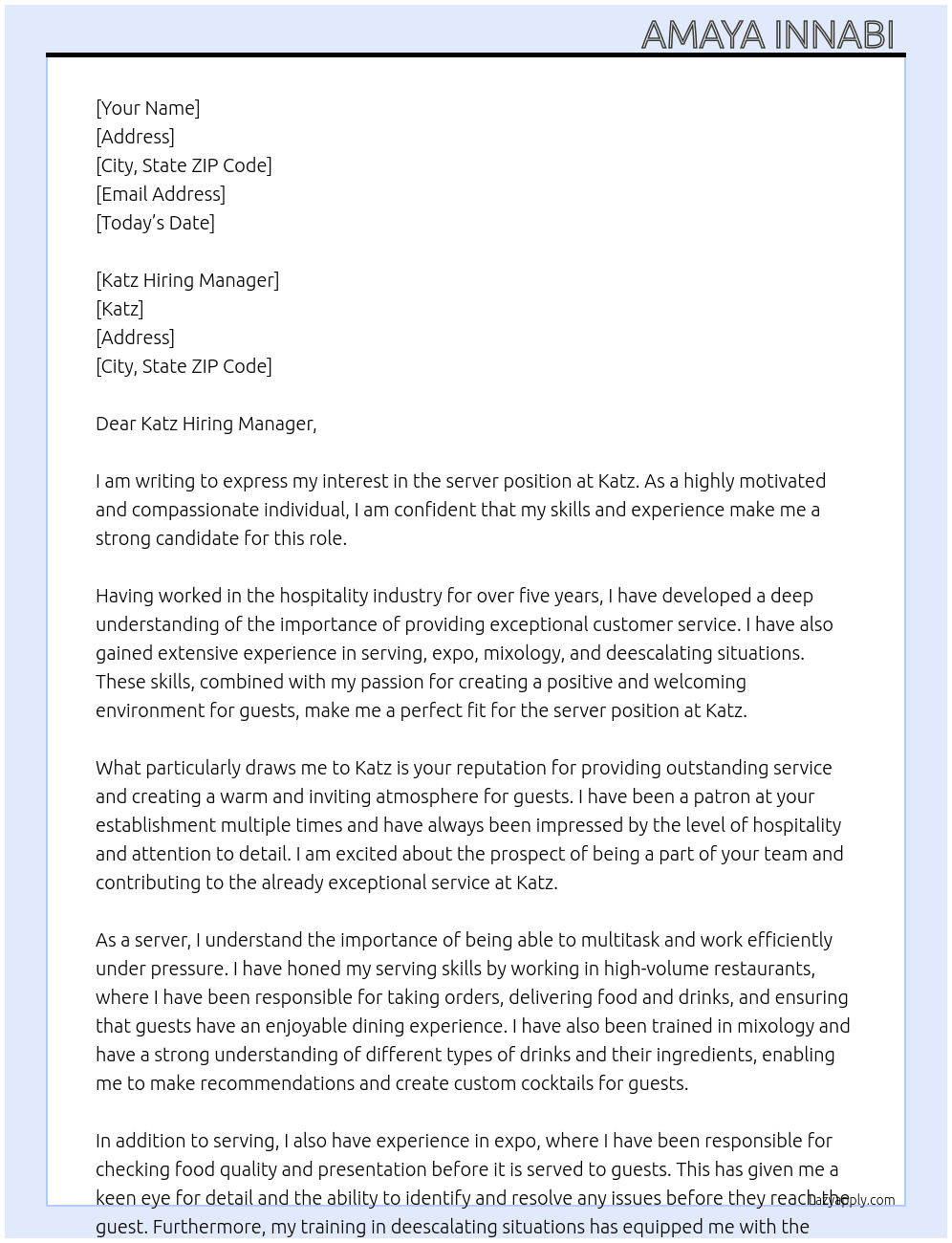 server At Katz  Cover Letter