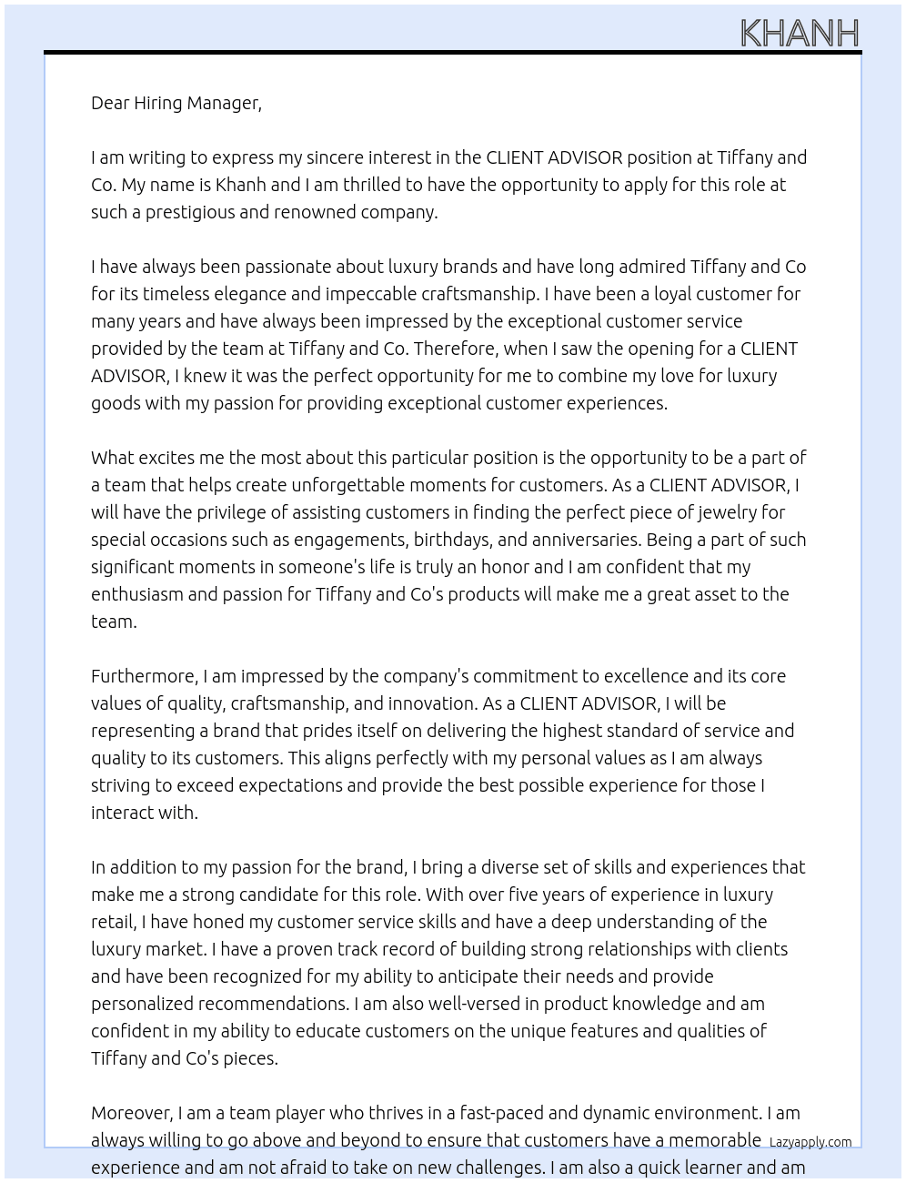 CLIENT ADVISOR At Tiffany and Co Cover Letter