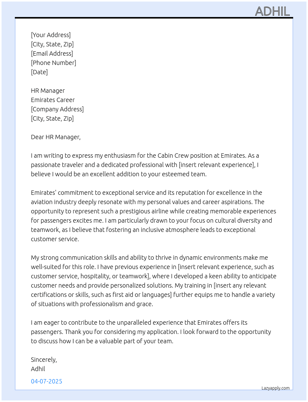 Cabin crew At Emirates career Cover Letter