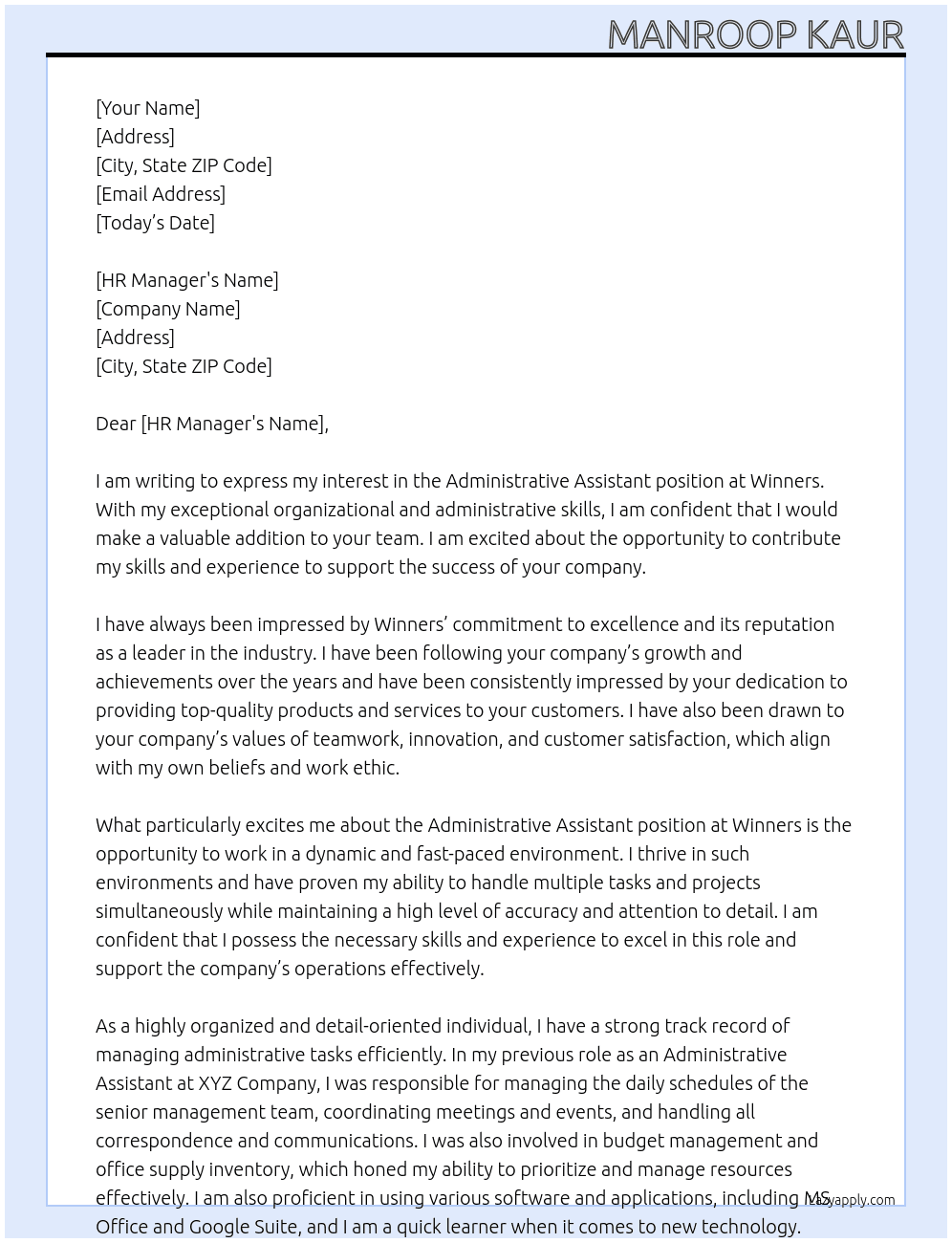 Administrative Assistant At Winners Cover Letter