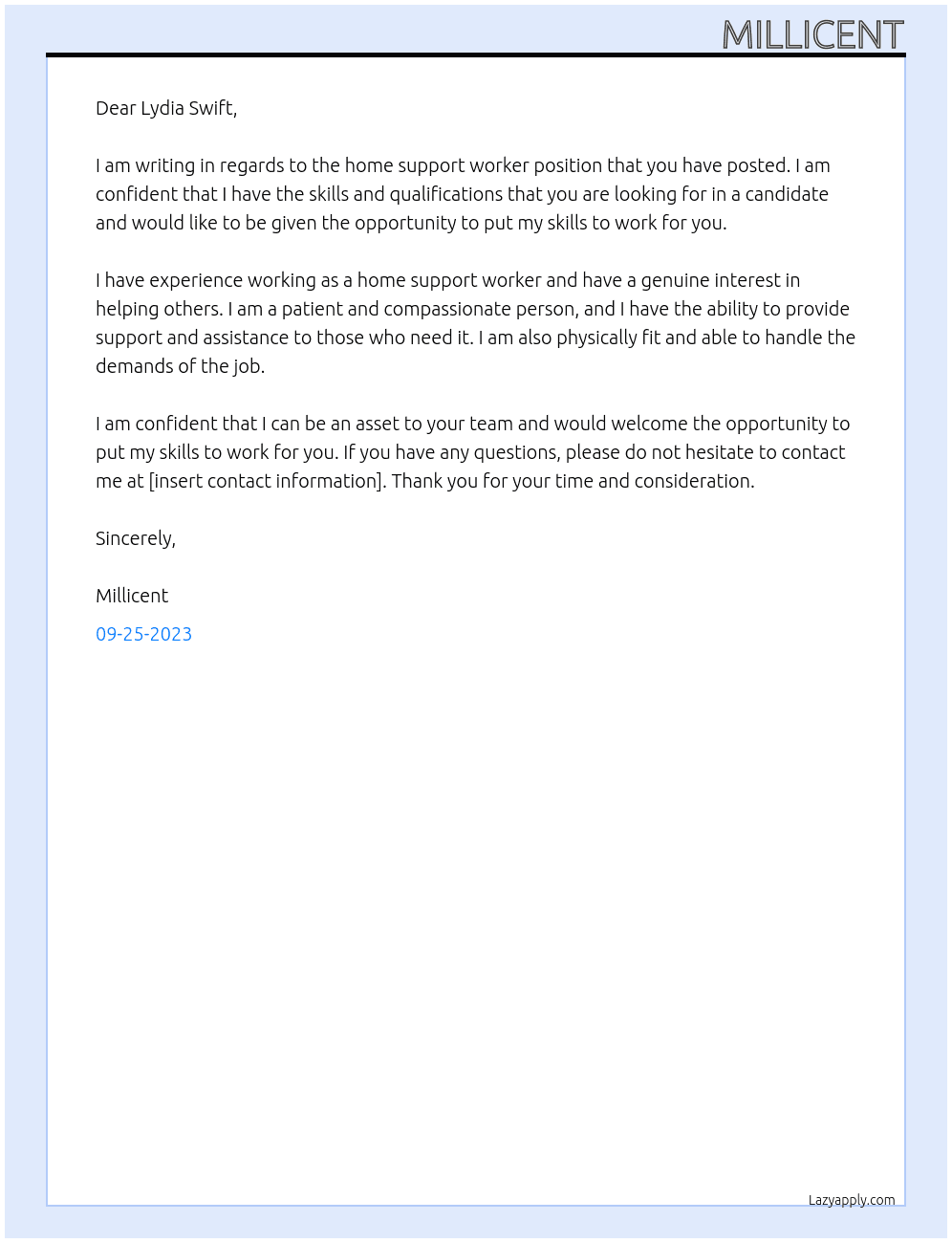 home support worker At lydia swift Cover Letter
