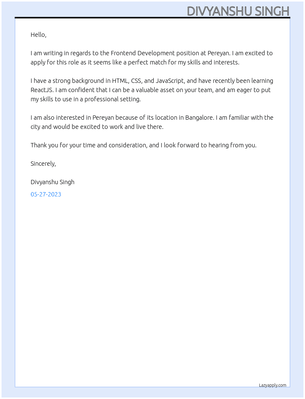 Frontend development At Pereyan Cover Letter