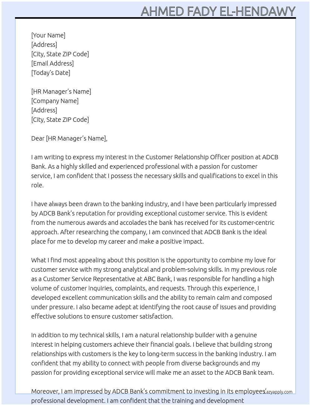 Customer Relationship Officer At ADCB Bank Cover Letter