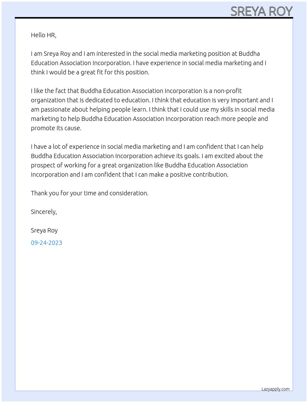 Social media marketing  At Buddha Education Association Incorporation Cover Letter