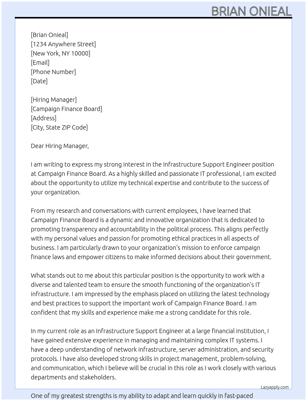 INFRASTRUCTURE SUPPORT ENGINEER At CAMPAIGN FINANCE BOARD Cover Letter
