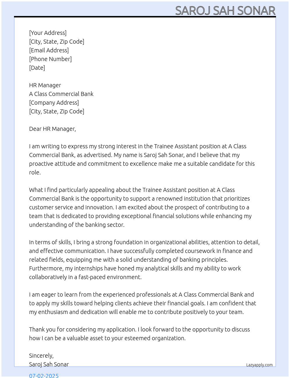 Trainee Assistant At A Class Commercial Bank Cover Letter