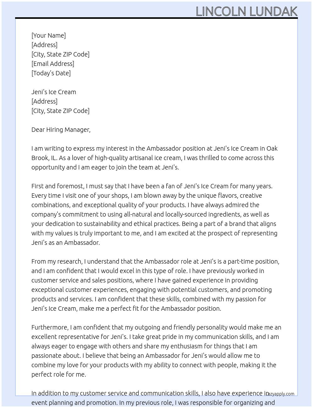 Ambassador At Jeni's Ice Cream Cover Letter