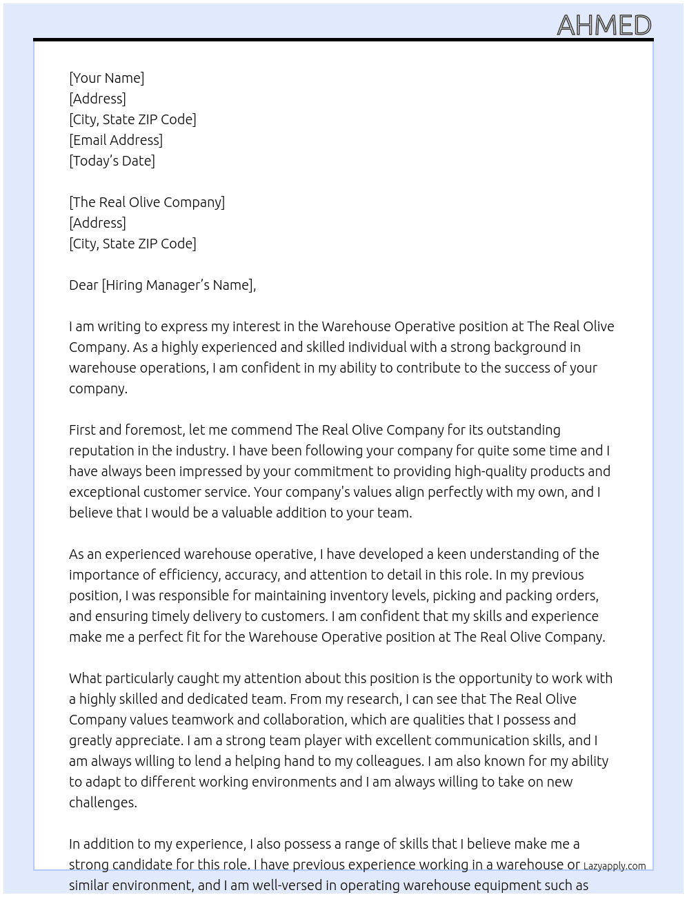 Warehouse operative At The Real Olive Company Cover Letter