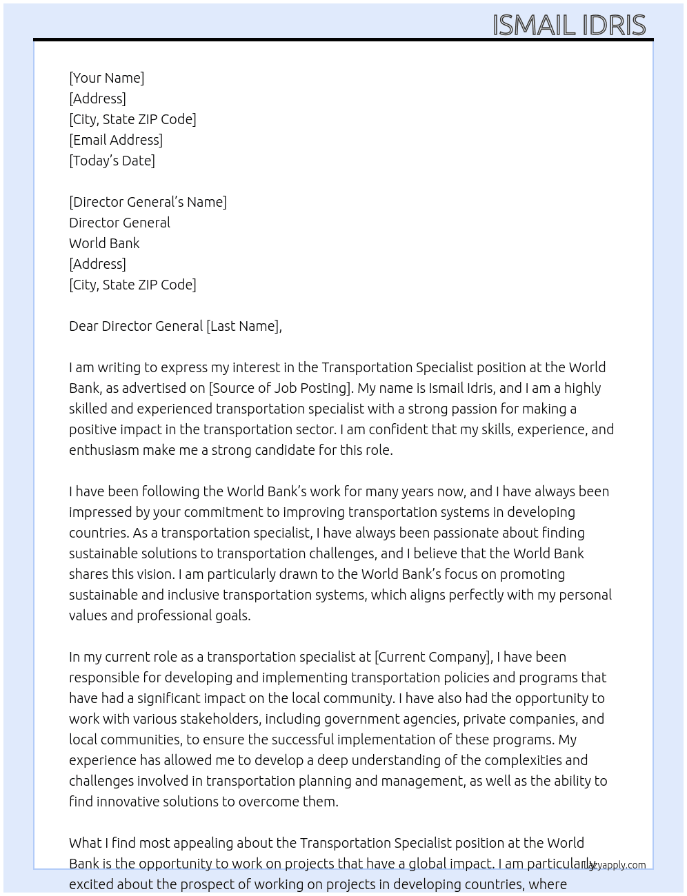 Transportation specialist  At World Bank  Cover Letter