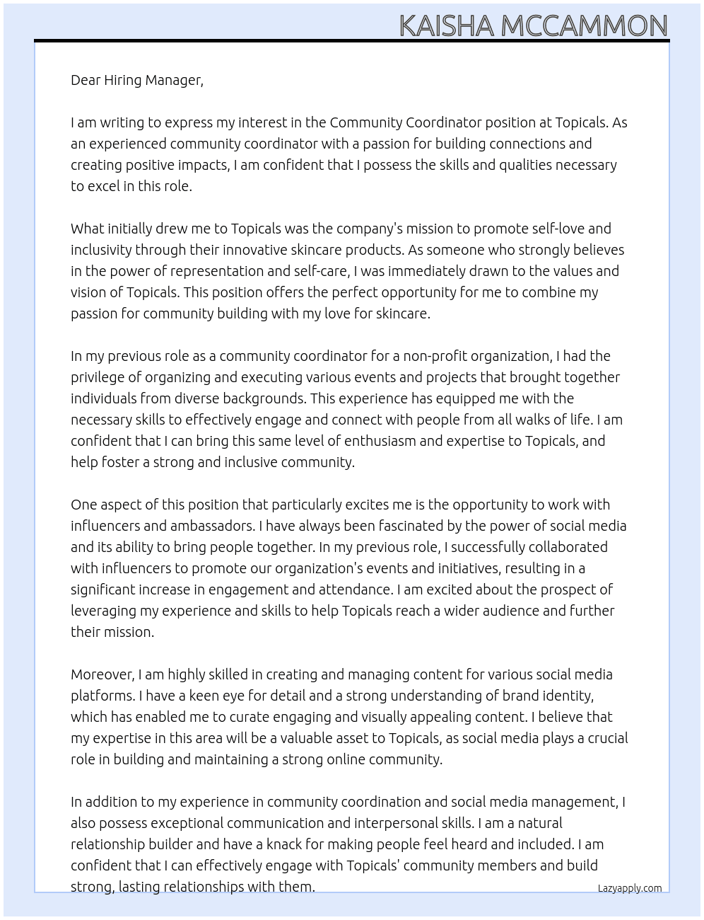 Community Coordinator At Topicals Cover Letter