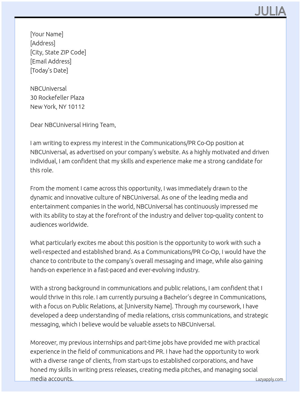 Communications/PR Co-Op At NBCUniveral  Cover Letter