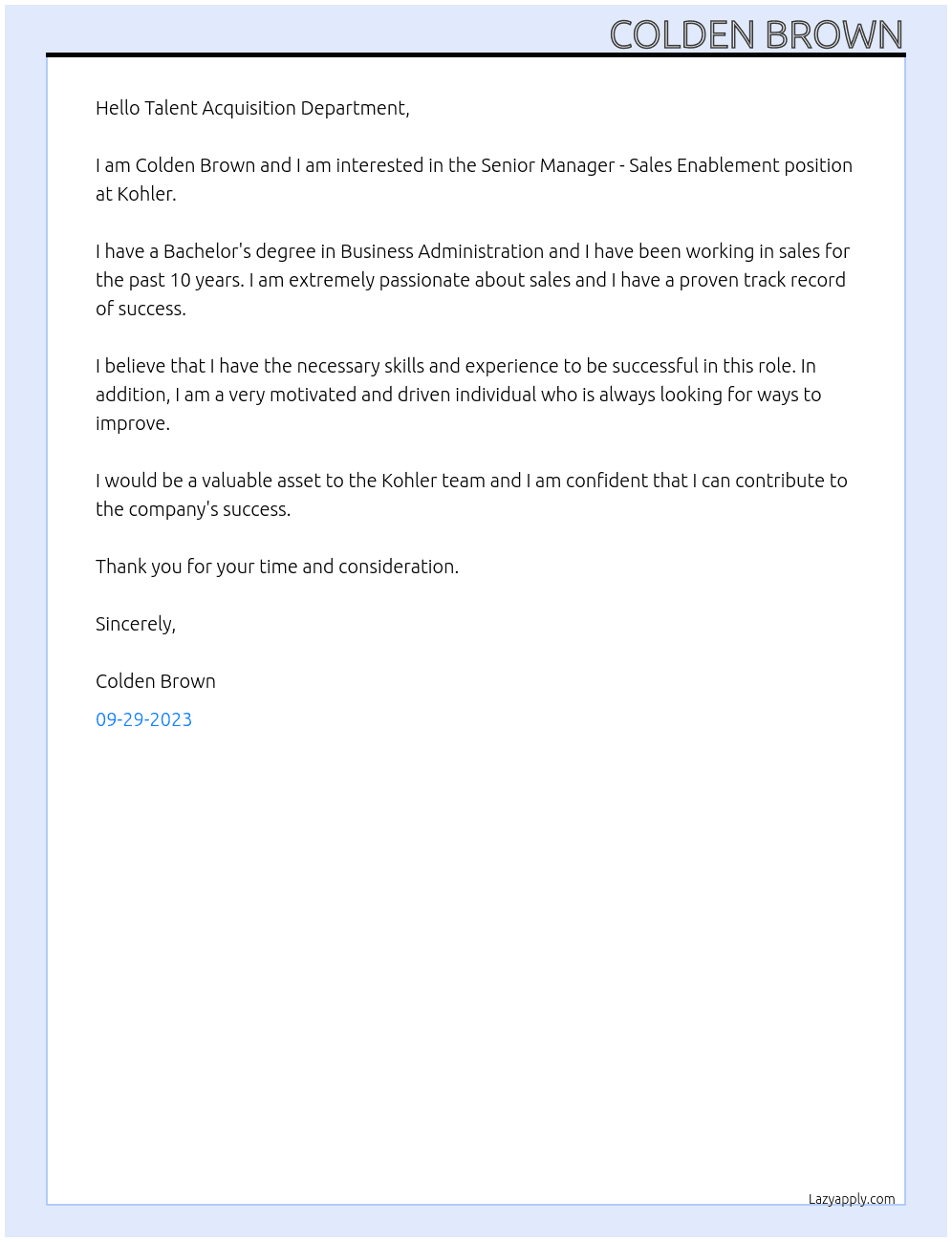 Senior Manager - Sales Enablement At Kohler Cover Letter
