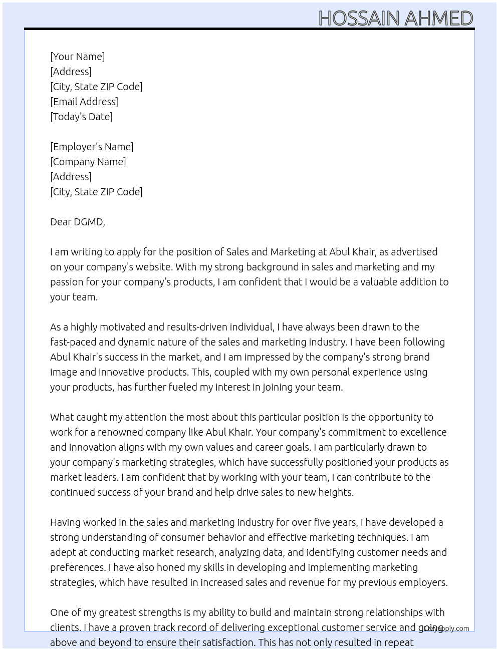 Sales and Marketing At Abul Khair Cover Letter