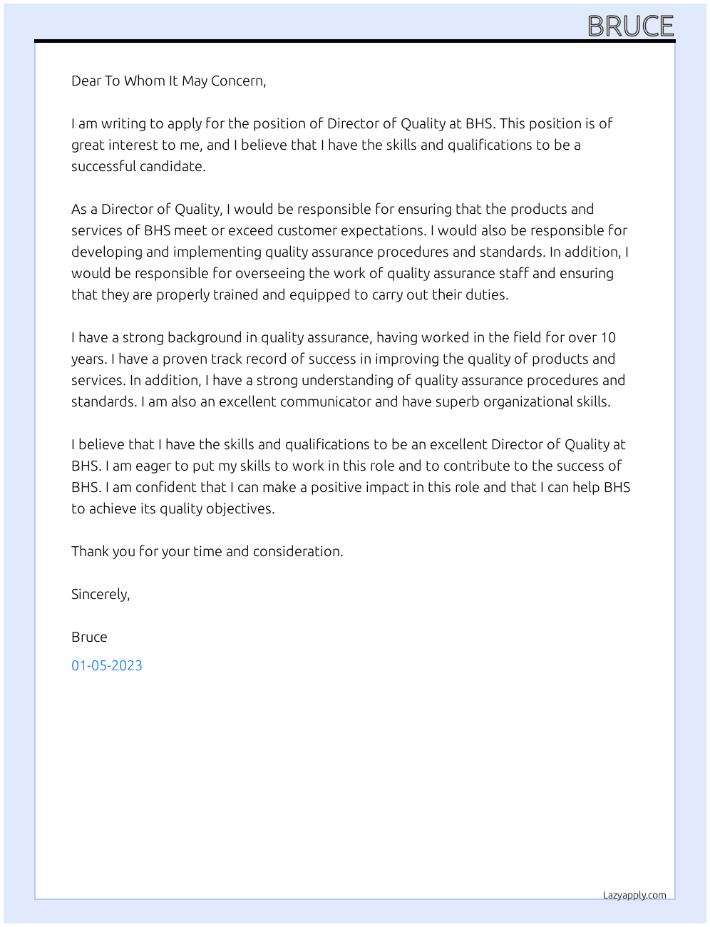 Director of Quality At BHS Cover Letter