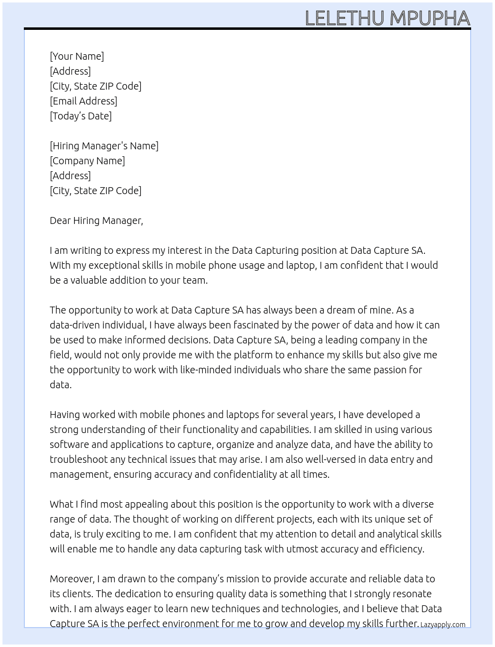 Data capturing  At Data capture SA Cover Letter