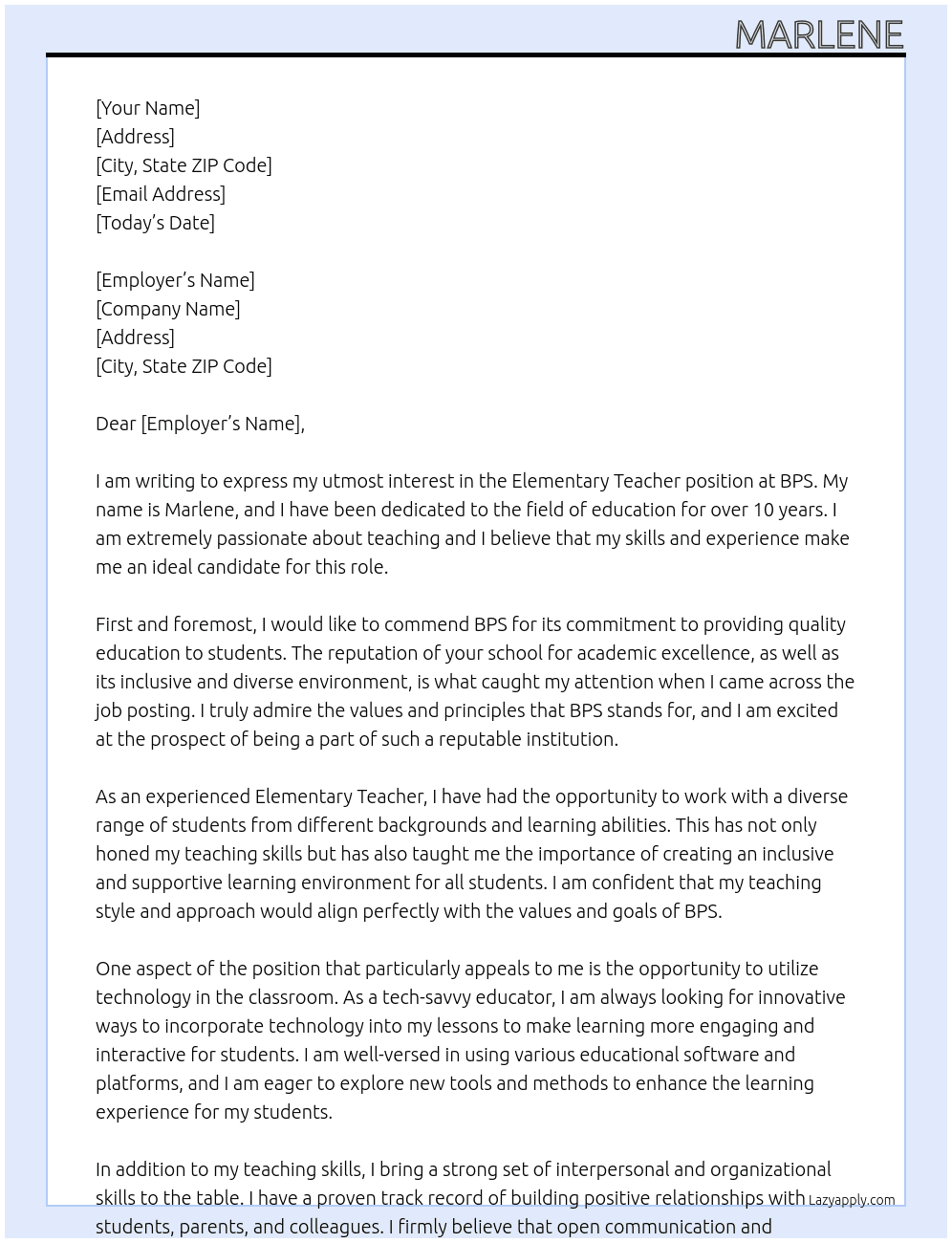 Elemetary Teacher At BPS Cover Letter
