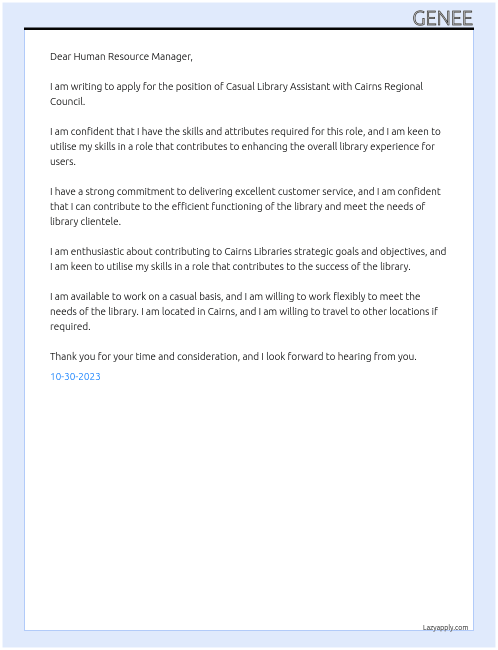 Casual Library Assistant At Cairns Regional Council Cover Letter