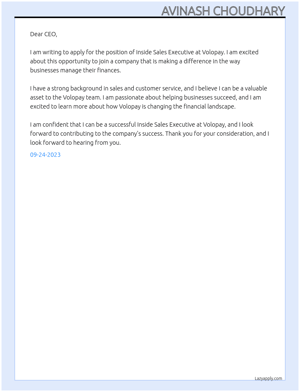 Inside Sales Executive At Volopay Cover Letter
