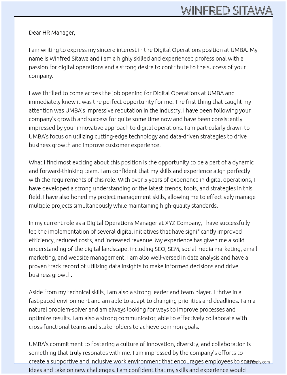 Digital Operations At UMBA Cover Letter