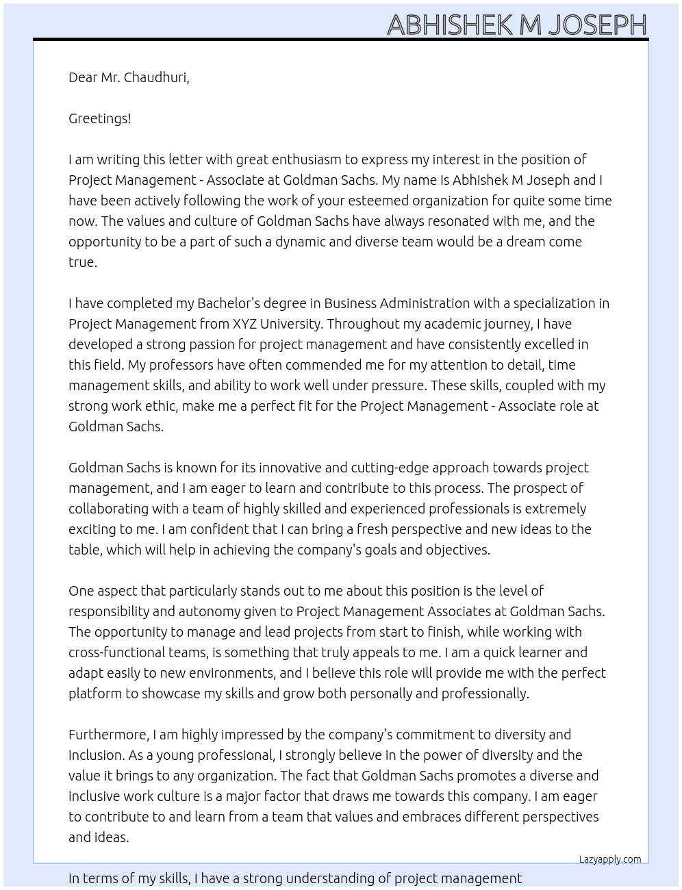  Project Management - Associate  At Goldman Sachs Cover Letter