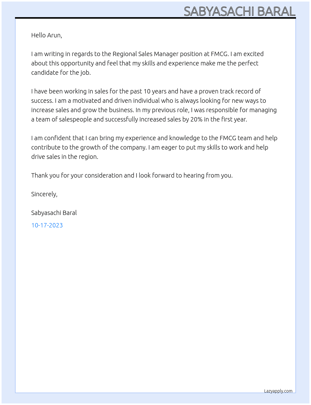 Regional sales manager At FMCG  Cover Letter
