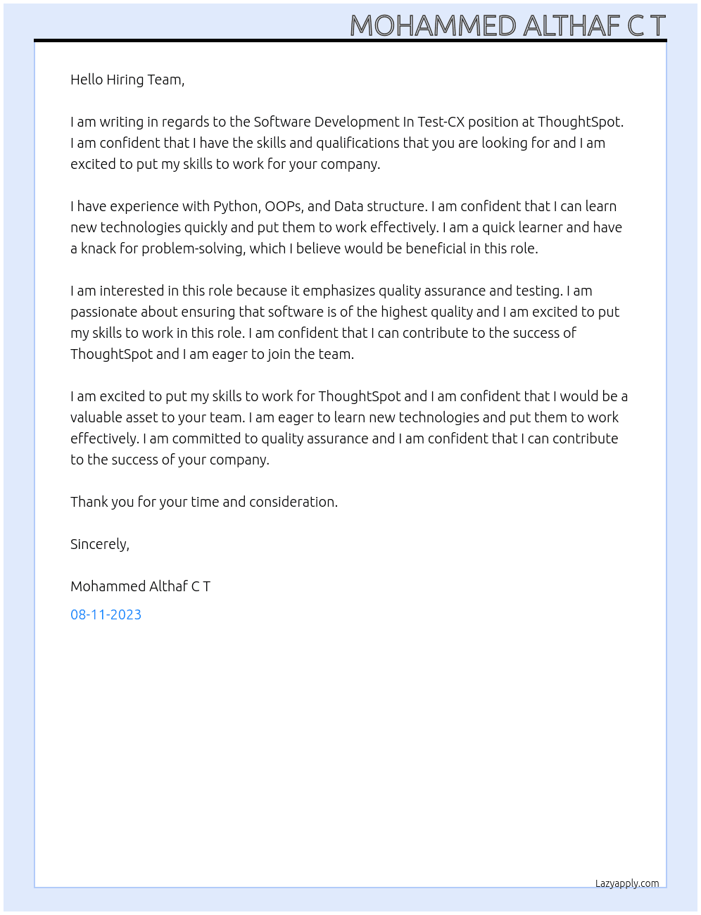 Software Development In Test-CX At ThoughtSpot Cover Letter