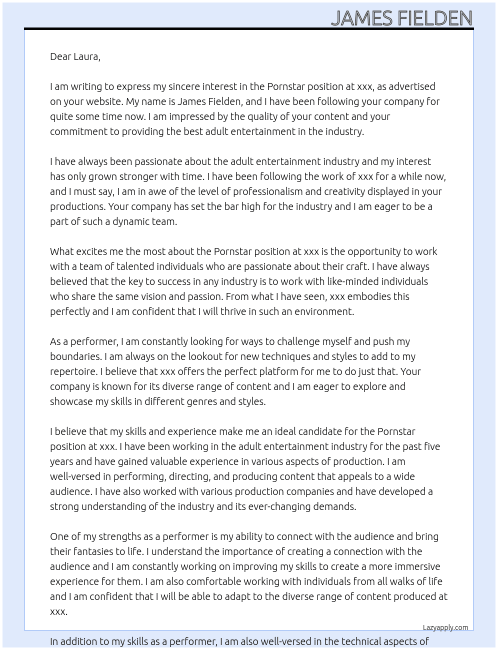 Pornstar At xxx Cover Letter