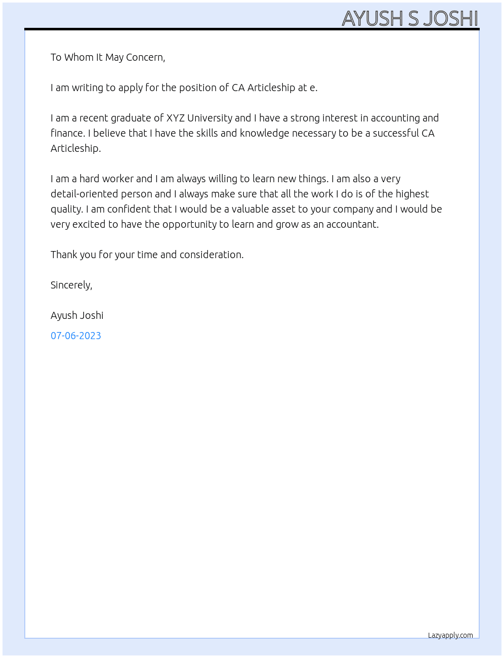 CA Articleship At e Cover Letter