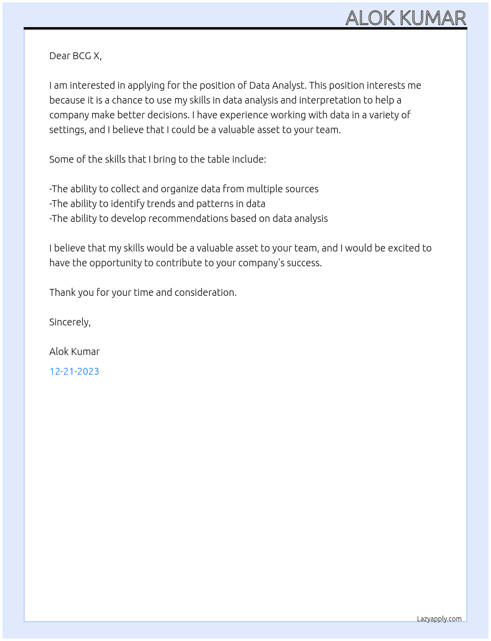 Data Analyst At BCG X Cover Letter