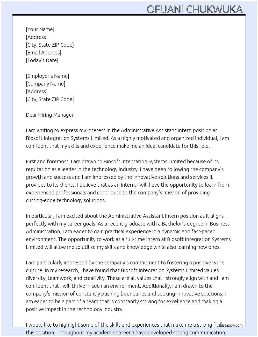 Administrative assistant intern  At Biosoft Integration Systems Limited  Cover Letter
