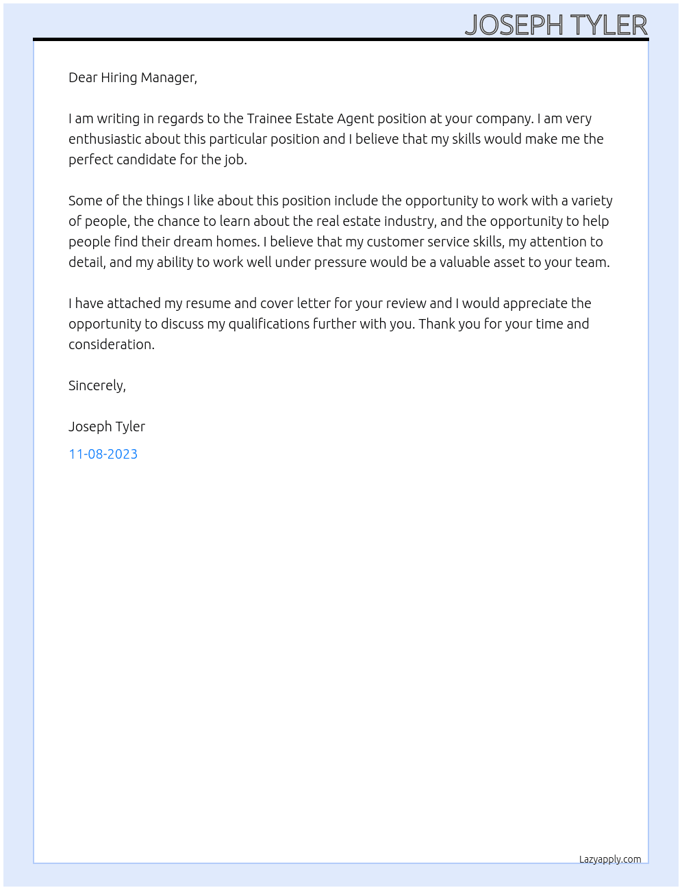 Trainee estate agent At estate agents Cover Letter