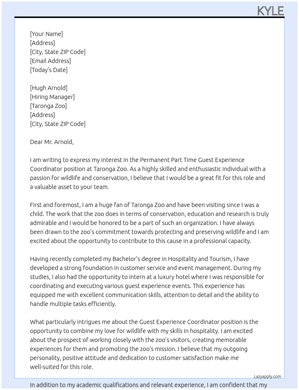 Permanent part time guest experience coordinator  At Taronga Zoo Cover Letter