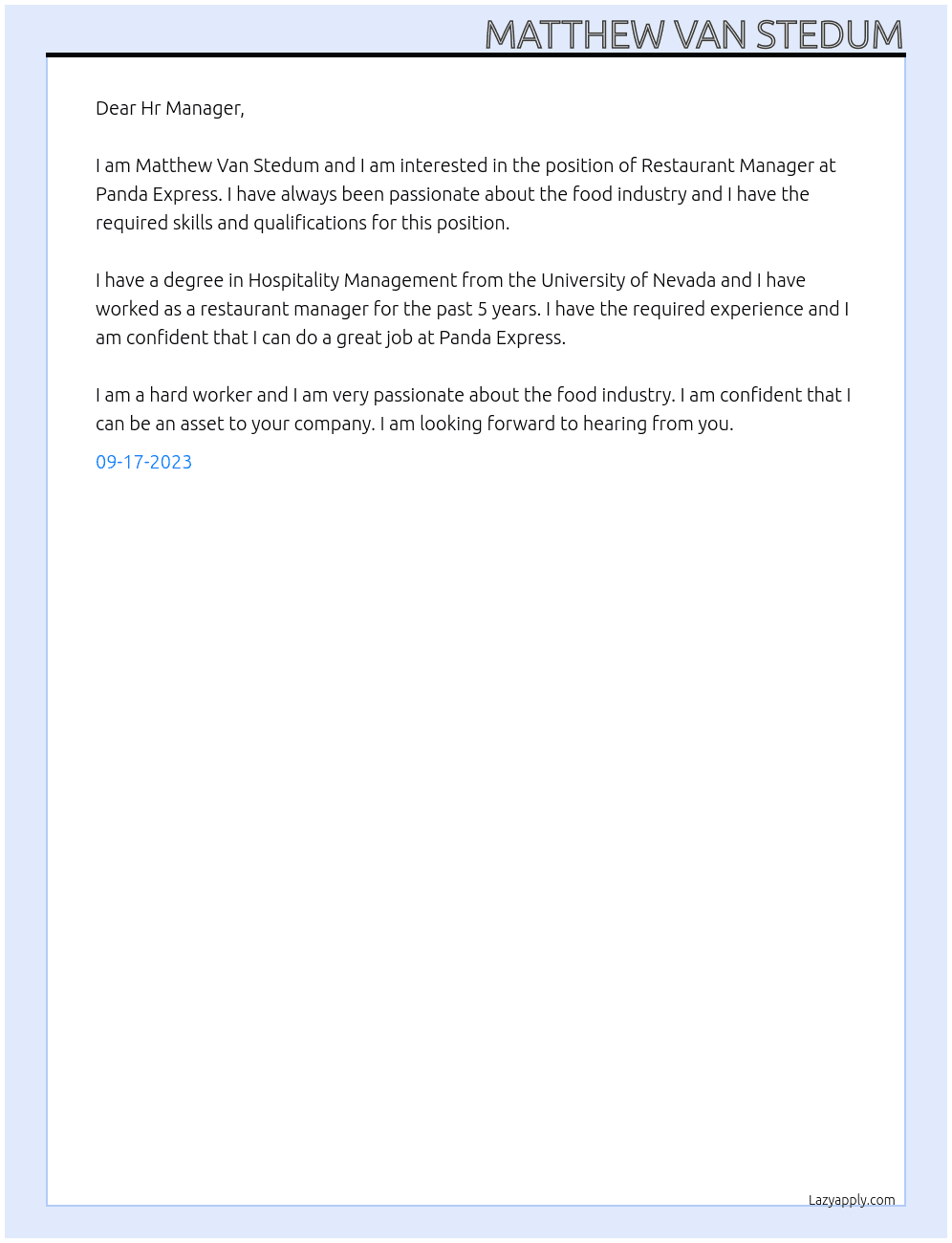 Restaurant Manager At Panda Express Cover Letter