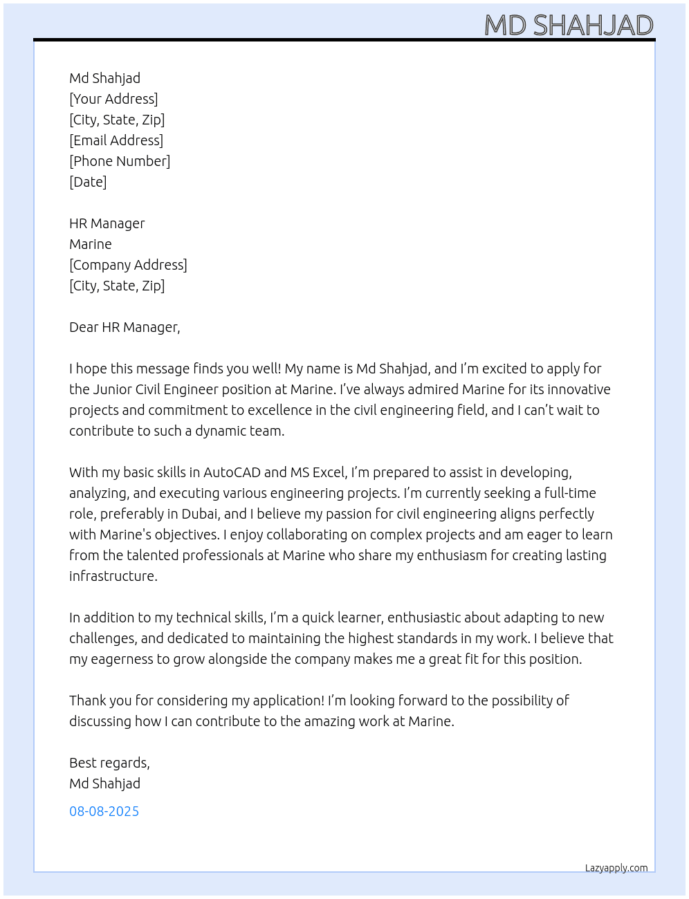 Junior civil engineer  At Marine  Cover Letter
