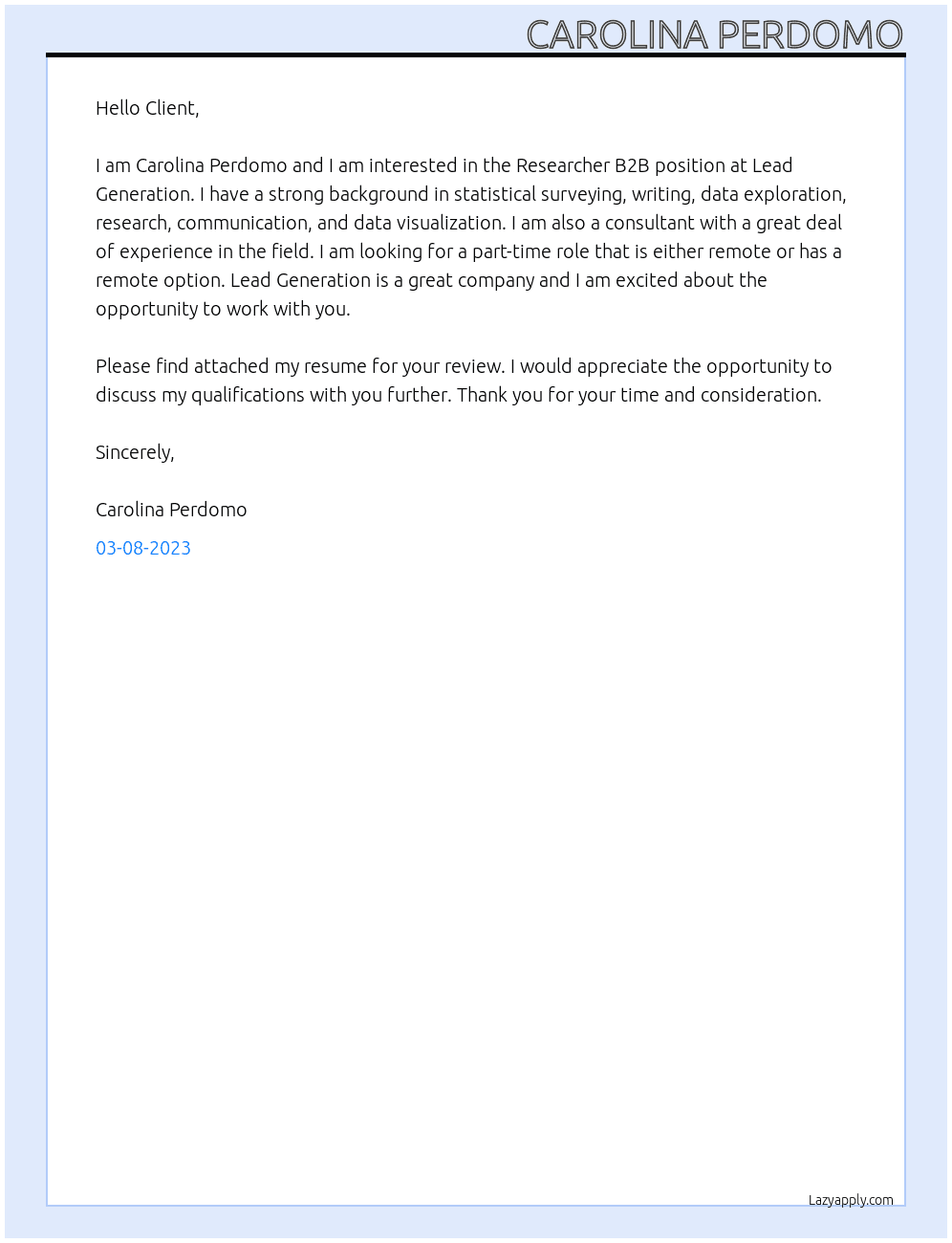Researcher B2B At Lead Generation Cover Letter