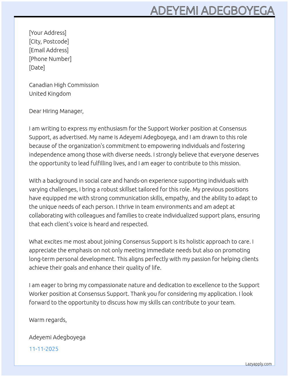 support worker At Consensus Support Cover Letter