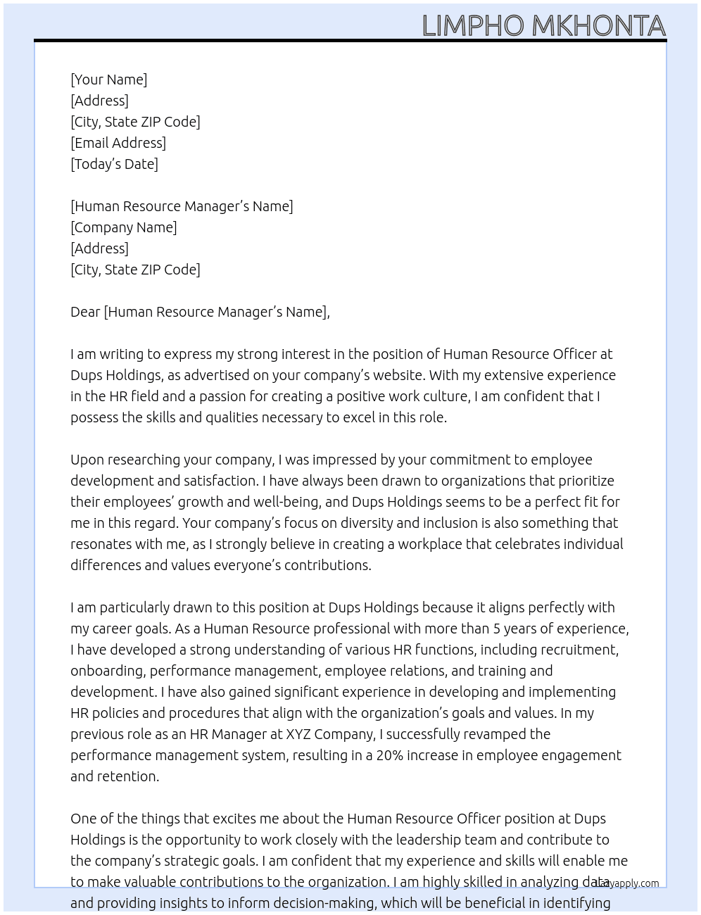Human Resource Officer At Dups Holdings Cover Letter