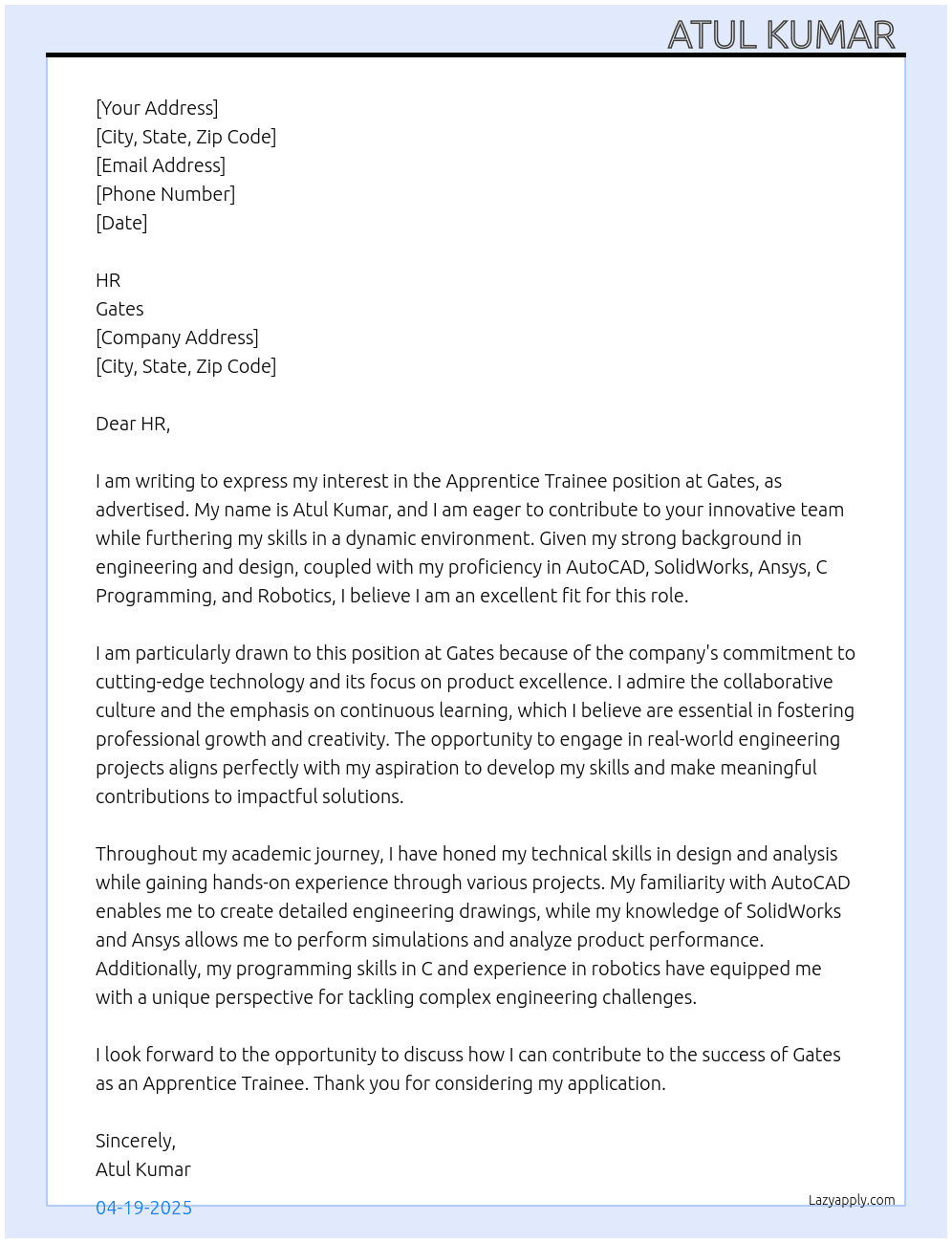 Apprentice Trainee  At Gates Cover Letter