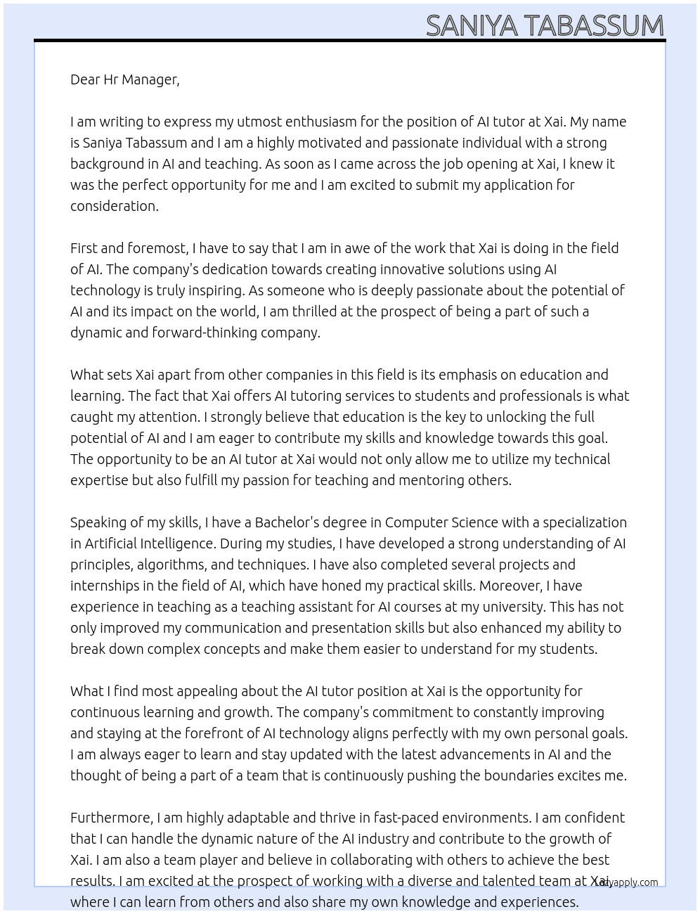AI tutor At Xai Cover Letter
