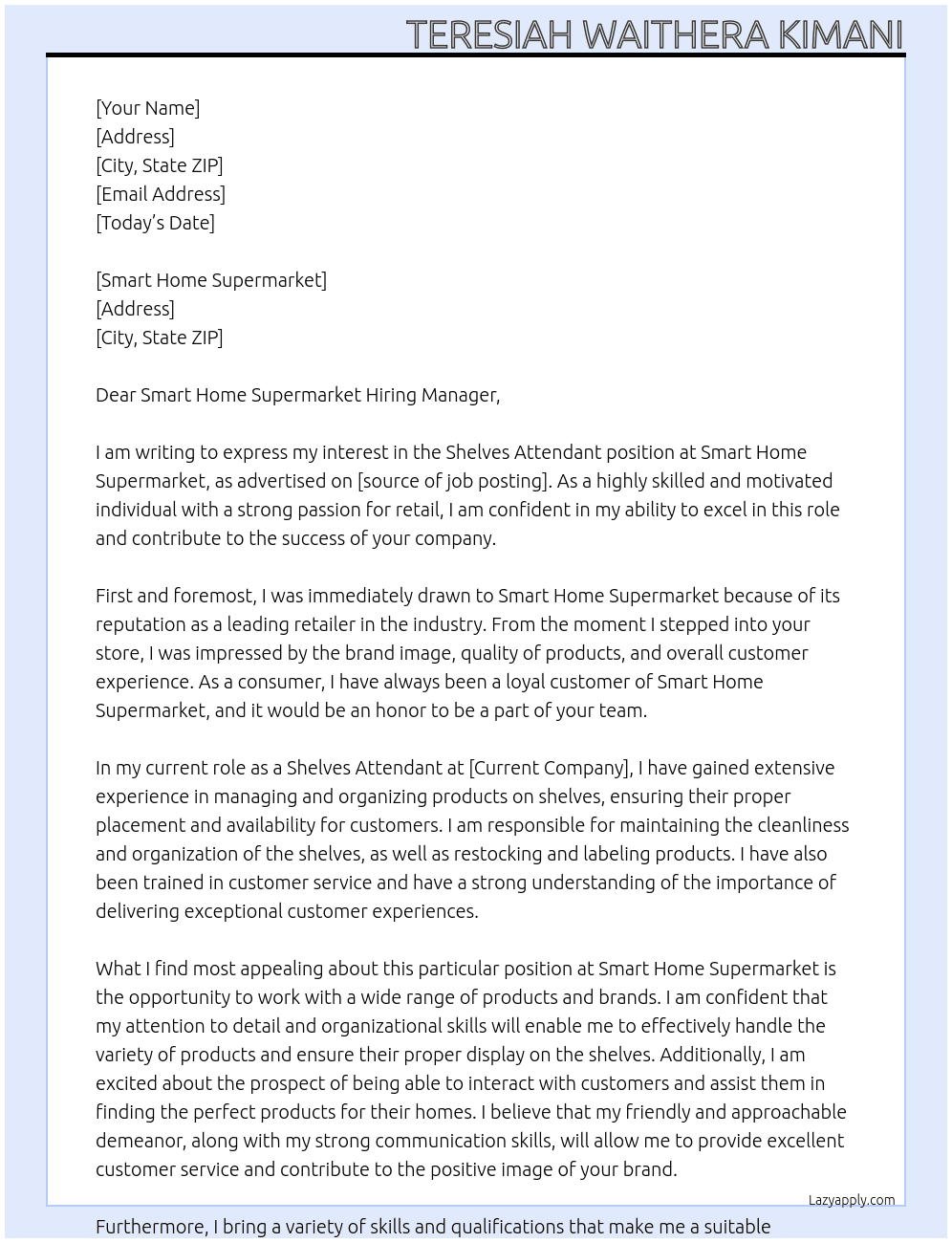 shelves attedant At teresiah waithera kimani Cover Letter