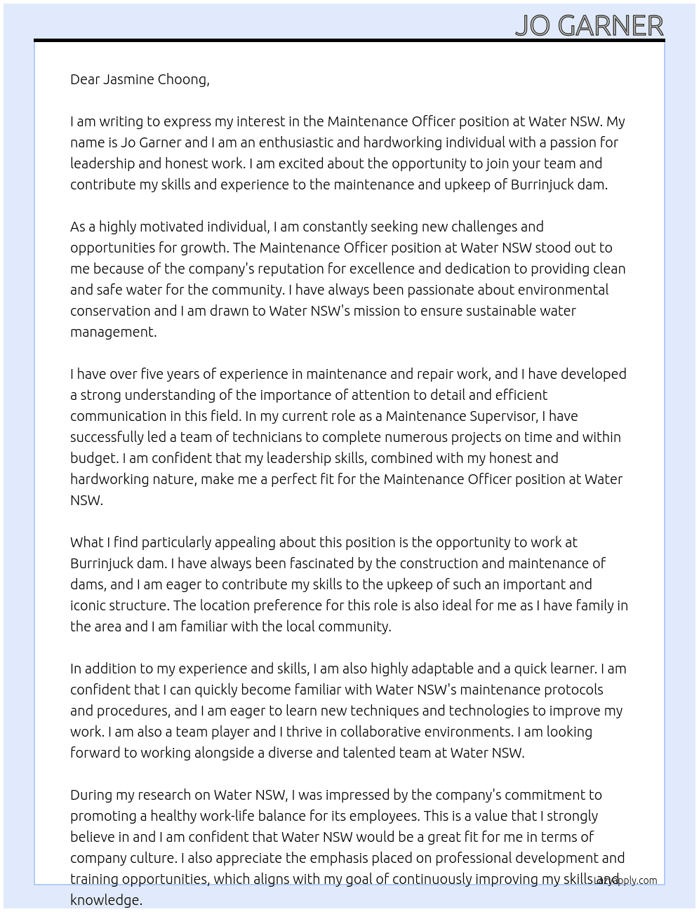 Maintenance Officer At Water nsw Cover Letter