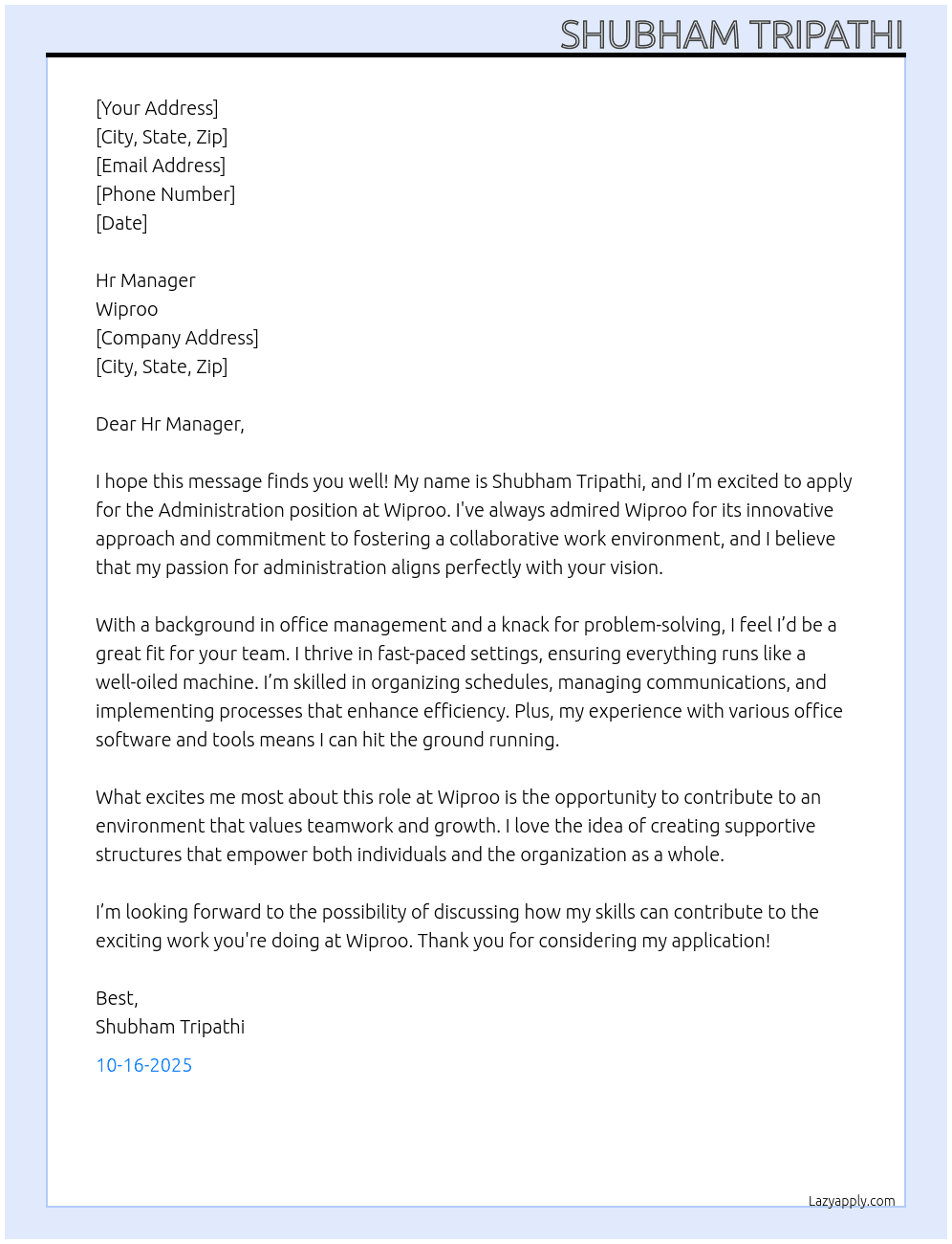 Administration  At Wiproo Cover Letter