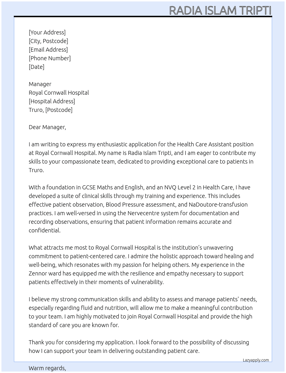 Health care assistant  At Royal Cornwall Hospital  Cover Letter
