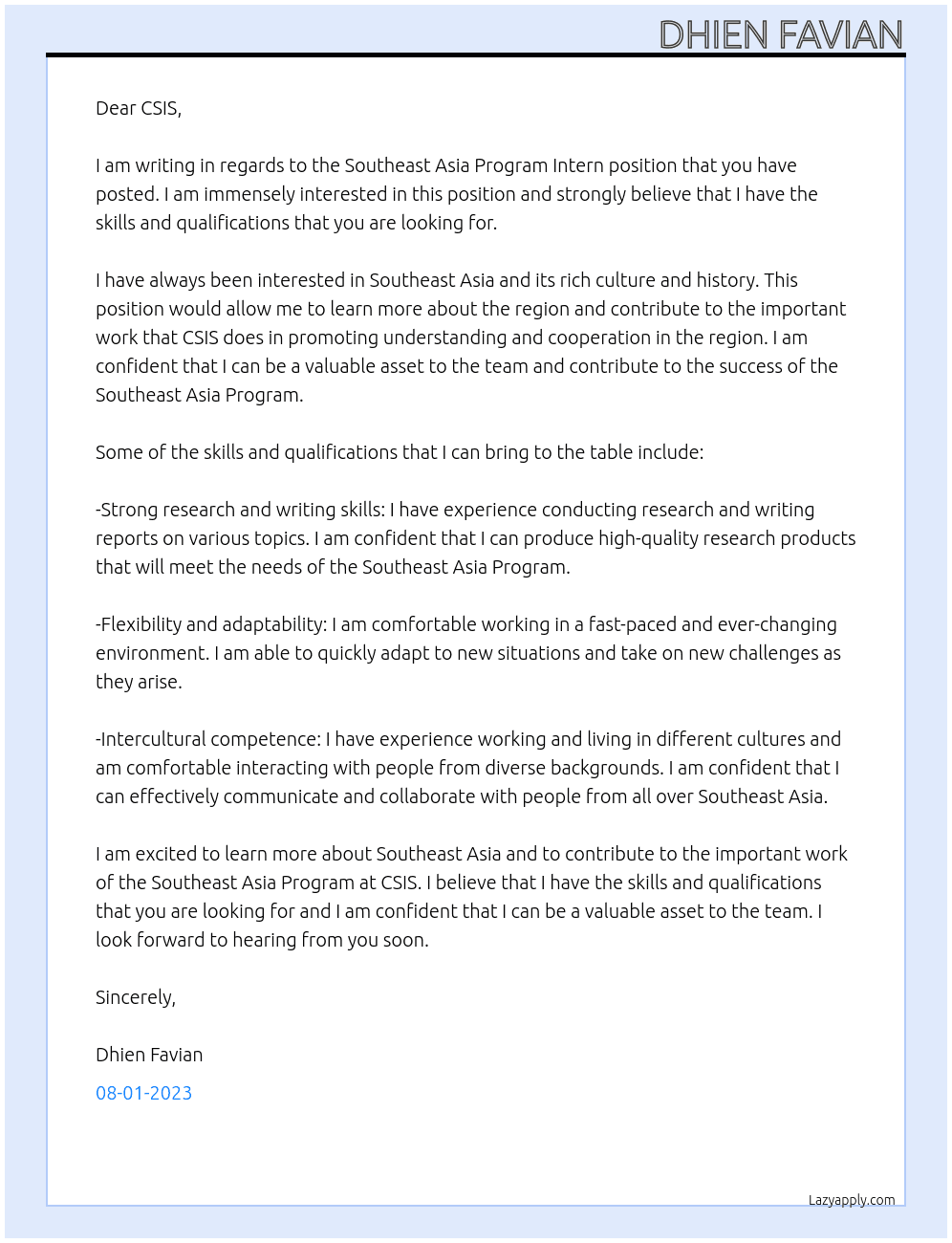 Southeast Asia Program Intern At Center for Strategic and International Studies Cover Letter