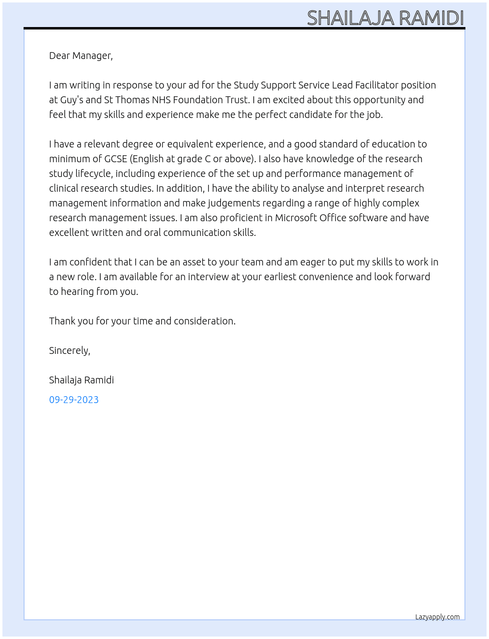 Study Support Service Lead Facilitator At Guy's and St Thomas NHS Foundation Trust  Cover Letter