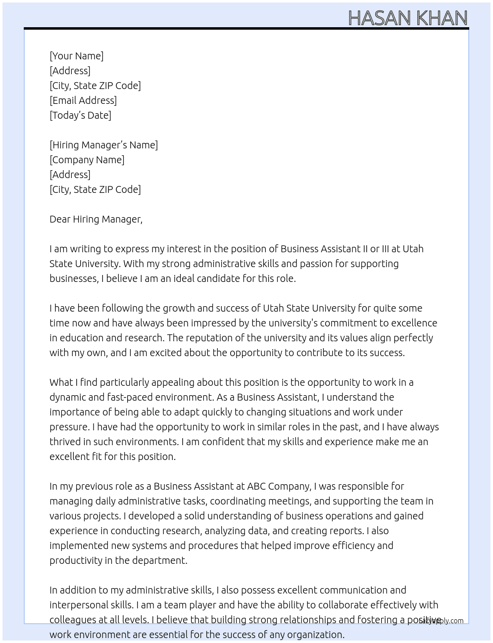 Business Assistant II or III At Utah State University Cover Letter