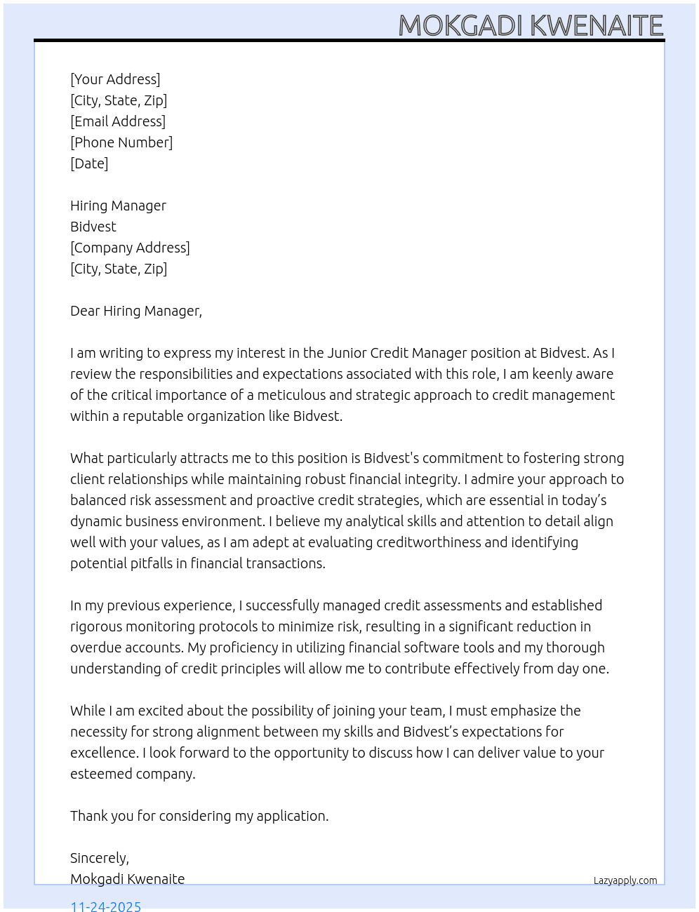 Junior credit manager At Bidvest Cover Letter